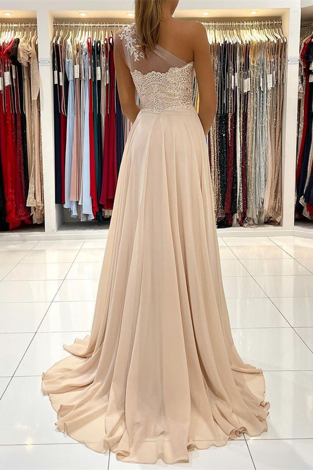 Glamorous One Shoulder Lace Appliques Prom Dress with Front Split