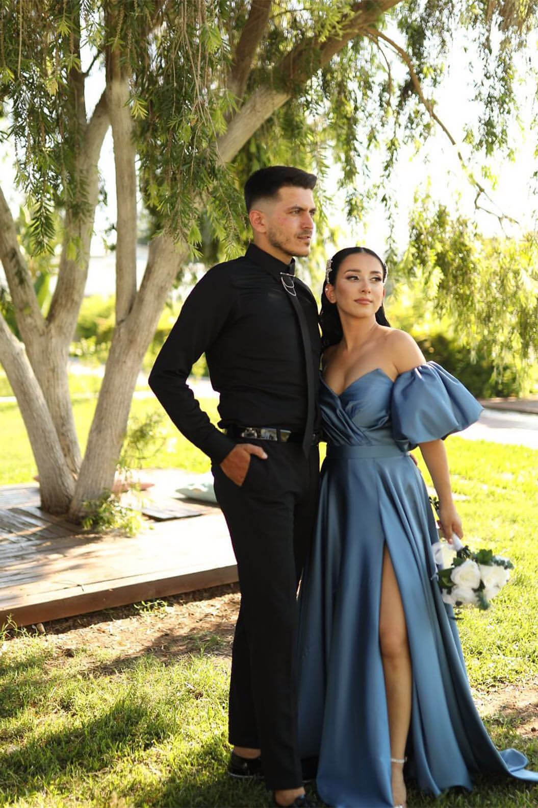 Dusty Blue Off-The-Shoulder Evening Dress With Puff Sleeves and Front Split Sweetheart