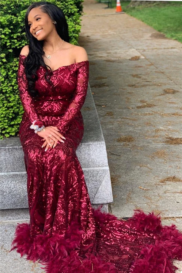 Mermaid Prom Dress with Burgundy Sequins and Feather ¨C Long Sleeves