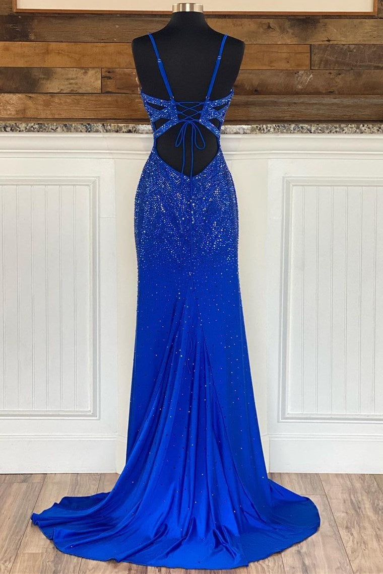 Royal Blue V Neck Mermaid Evening Dress With Appliques Split