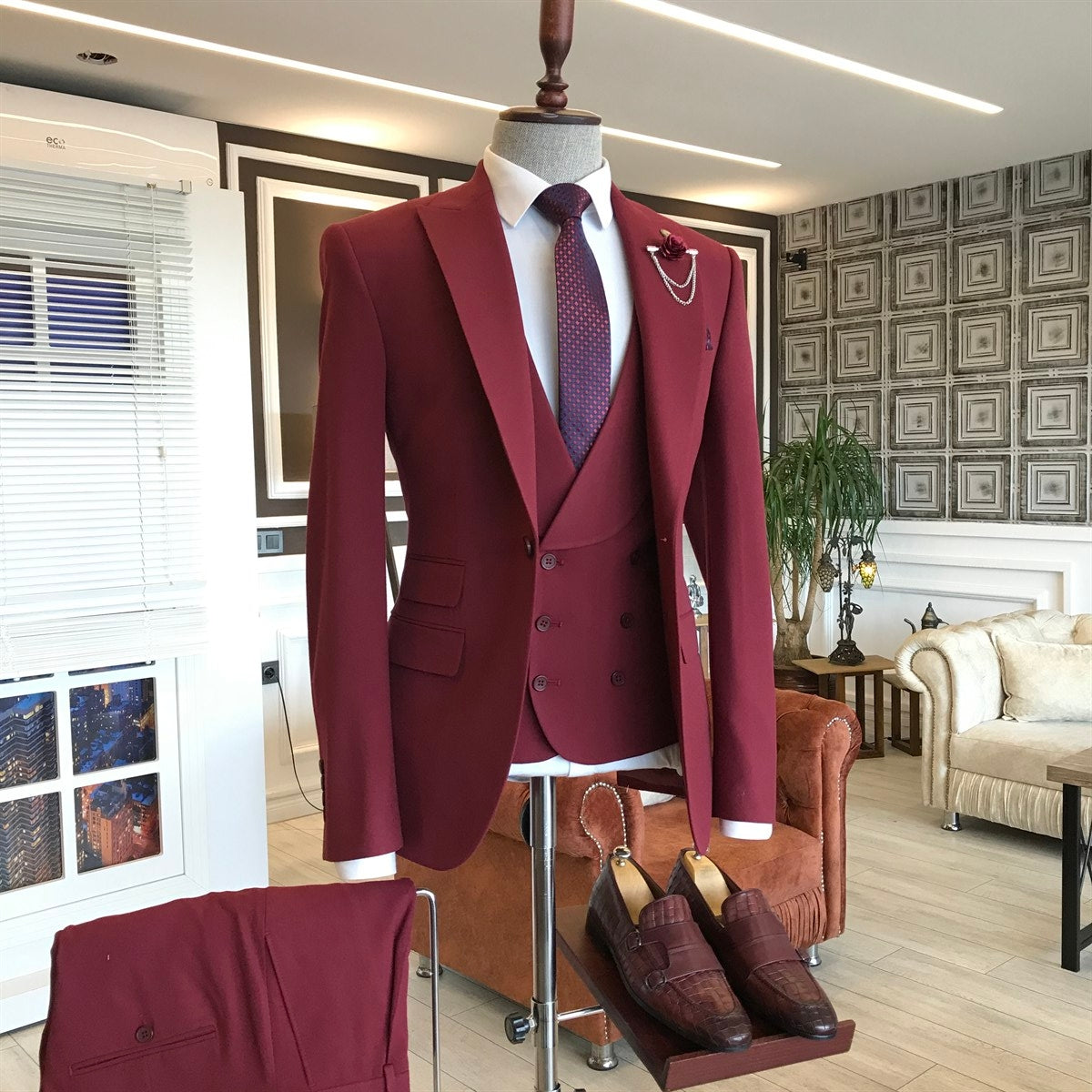 Dark Red Groom & Groomsman Suit - 3 Piece Stylish Peaked Lapel