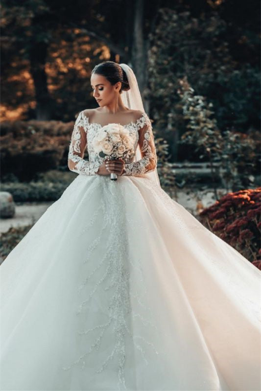 Elegant Lace Off-The-Shoulder Ball Gown Wedding Dress