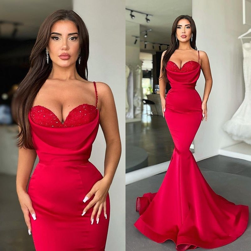 Mermaid Red Spaghetti-Straps Prom Dress Long