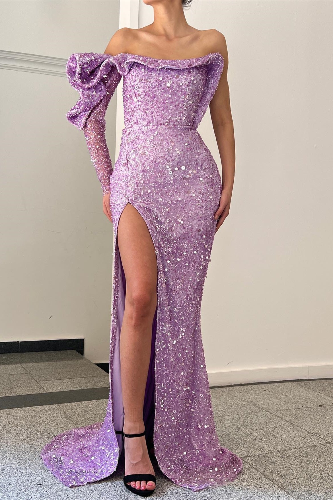 Purple One-Shoulder Sequins Slit Evening Dress With Long Sleeves