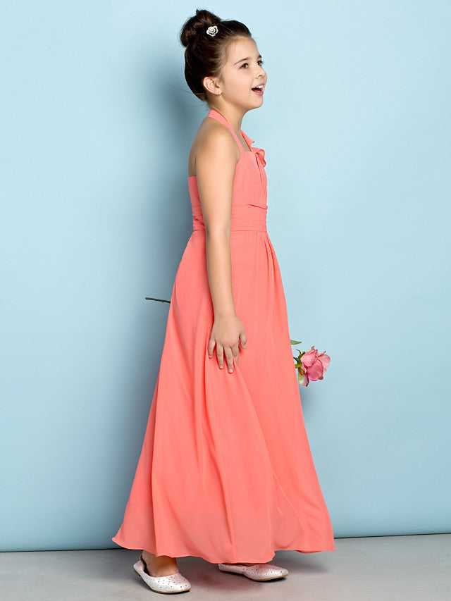 Sheath Halter Neck Chiffon Junior Bridesmaid Dress With Side Draping