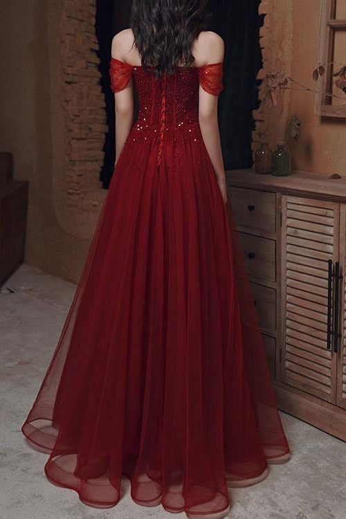 Glamorous Wine Red Off-The-Shoulder Evening Dress With Sequins Beads