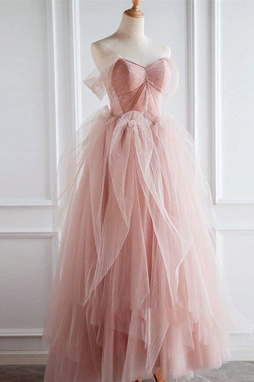 Pink Off-The-Shoulder Long Prom Dress Sweetheart With Pearls