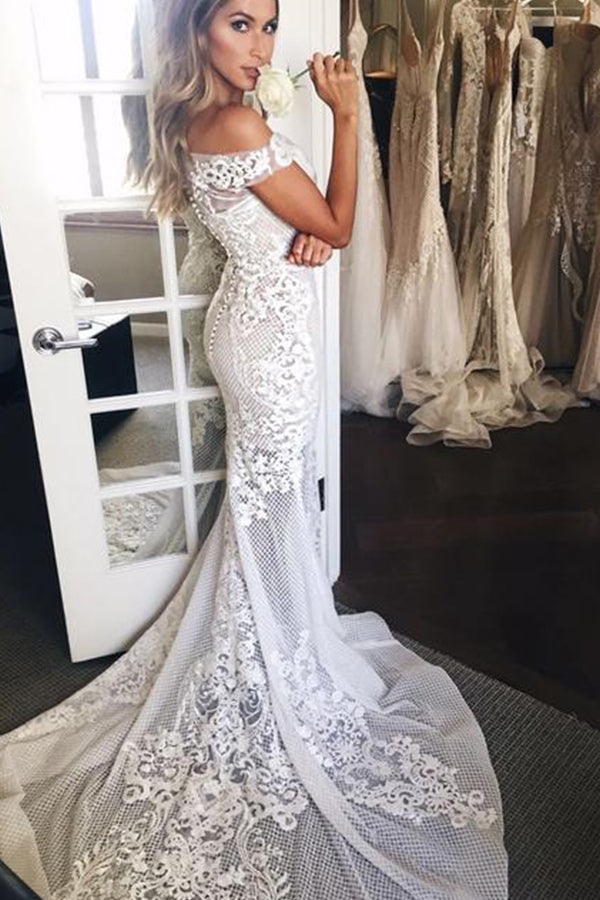 Elegant Off The Shoulder Mermaid Wedding Dress With Sweep Train and Appliques