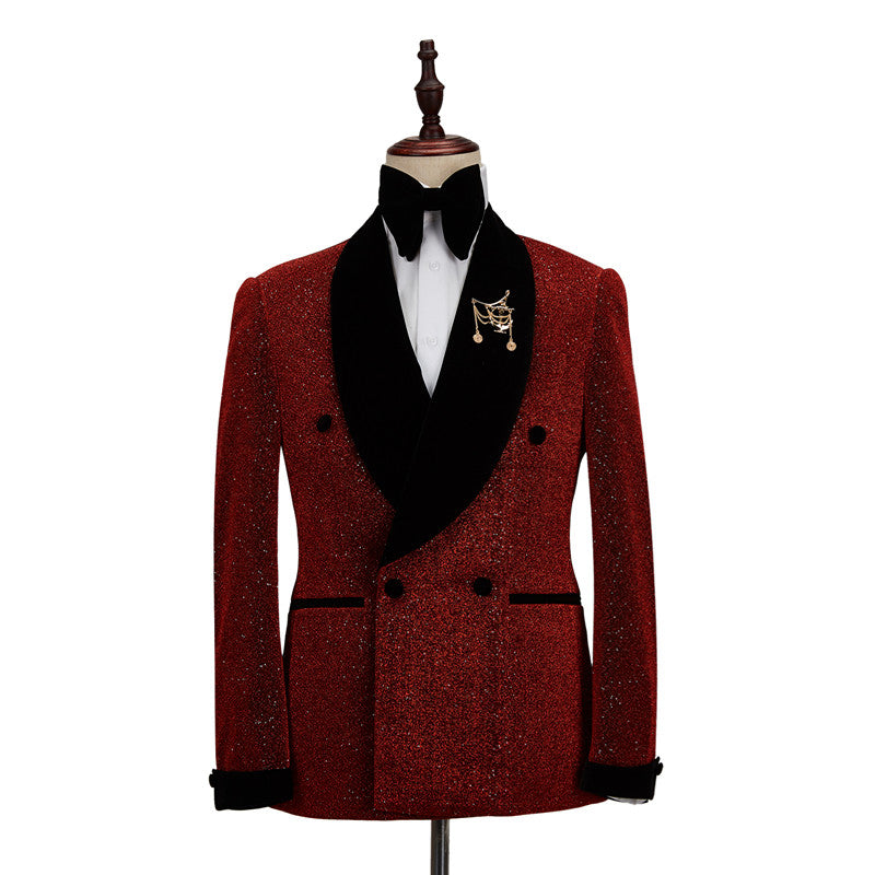 Fabulous Red Double Breasted Wedding Suit for Men's Party with Black Shawl Lapel