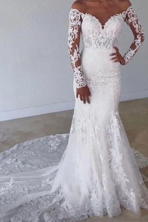 Elegant Sweetheart Lace Sleeves Long Mermaid Wedding Dress