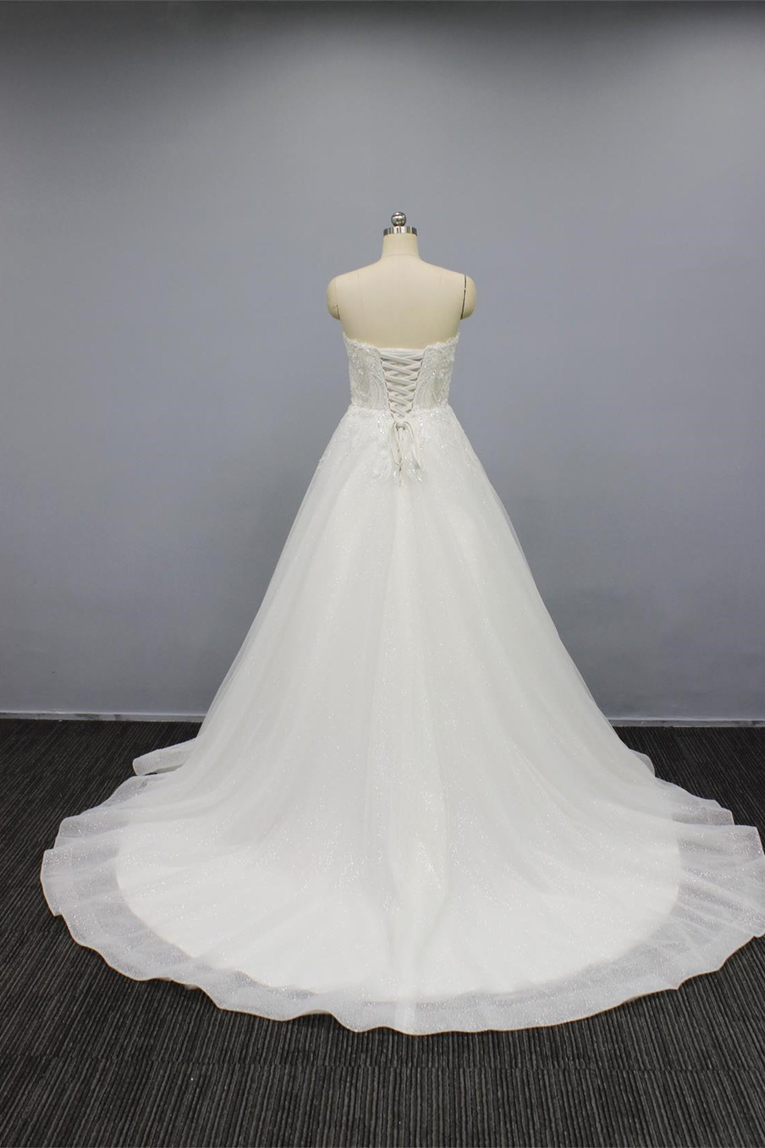 White Strapless A Line Wedding Dress with Tulle Appliques, Beading & Glitter Powder