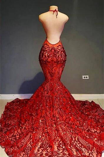 Glamorous Red Halter Sequins Lace Mermaid Prom Dress