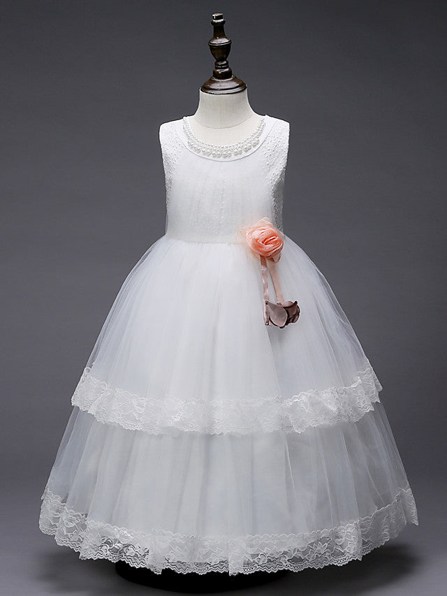 Lace Tulle Polyester Sleeveless Jewel Floor Length Flower Girl Dress With Pearls and Appliques
