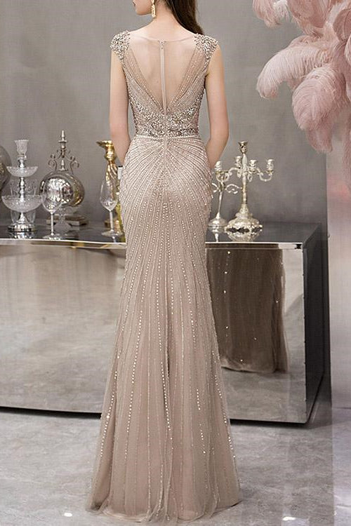 Mermaid Long Evening Dress With Cap Sleeves V-Neck Beadings Online