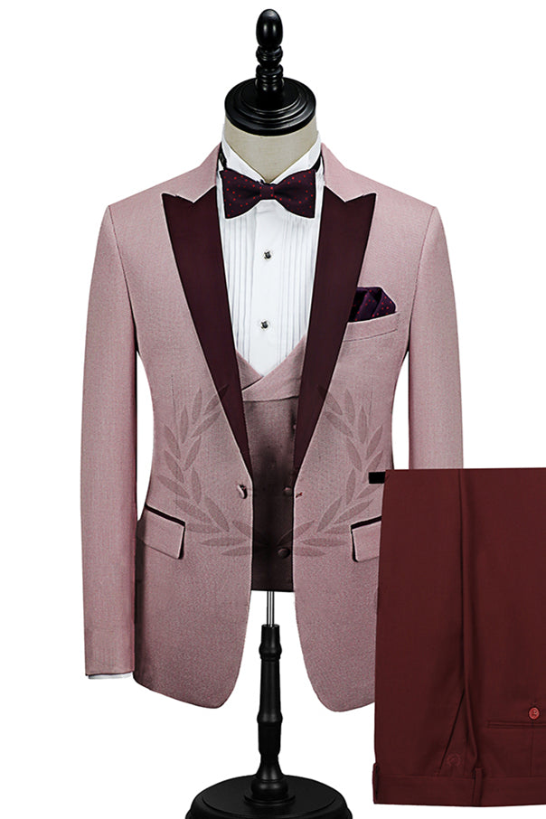 Glamorous Pink One Button Wedding Suit For Men With Burgundy Peak Lapel