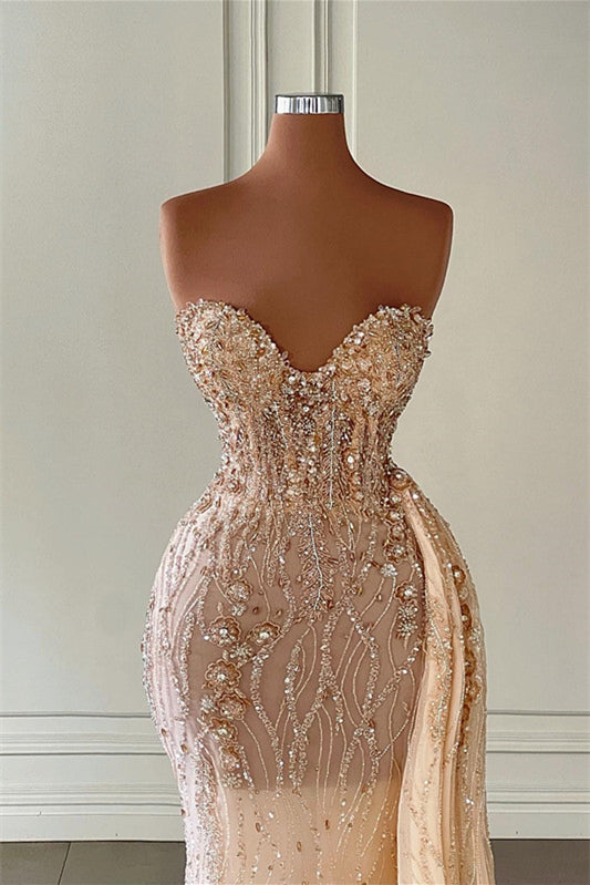 Elegant Sweetheart Mermaid Evening Dress with Ruffles and Beadings - Champagne