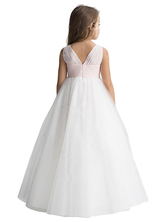 Sleeveless V-Neck A-Line Flower Girl Dress with Tulle and Ruching