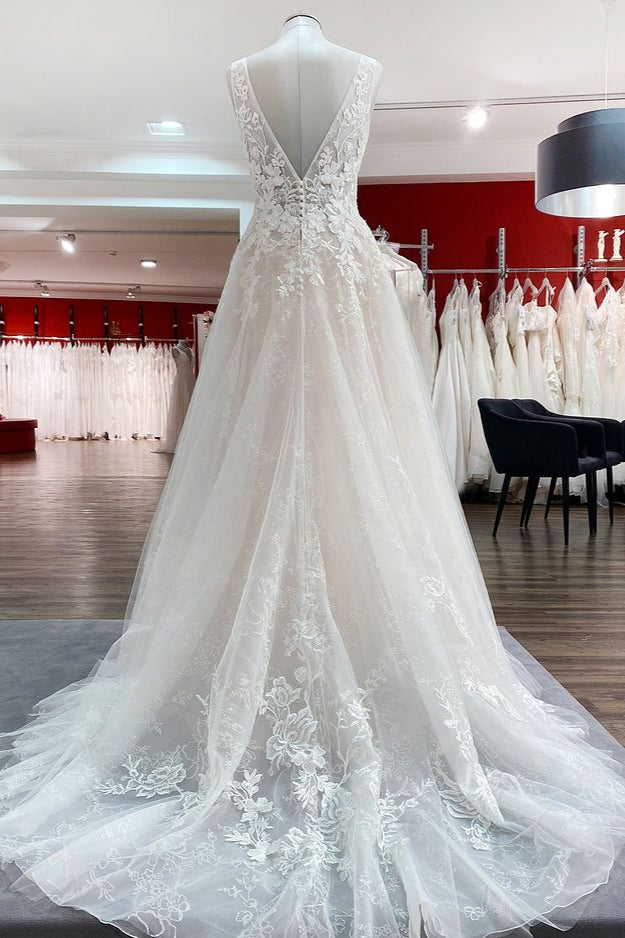 Modest Long A-line Deep V-neck Sleeveless Wedding Dress with Open Back Tulle and Appliques Lace