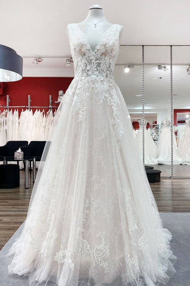 Modest Long A-line Deep V-neck Sleeveless Wedding Dress with Open Back Tulle and Appliques Lace