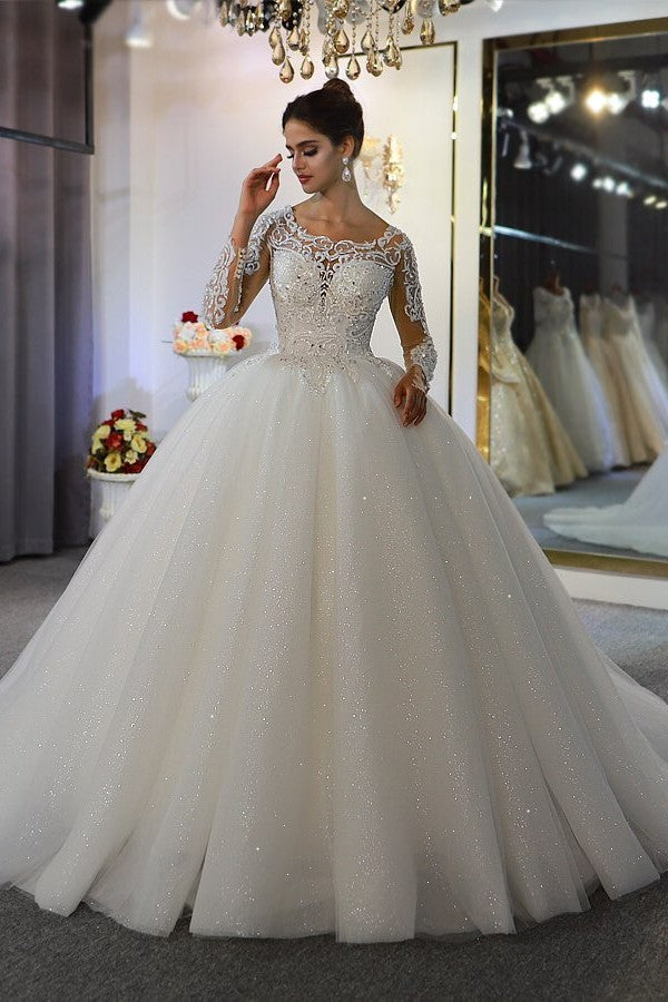 Gorgeous A-Line Bateau Long Sleeves Wedding Dress with Appliques Lace Sequins