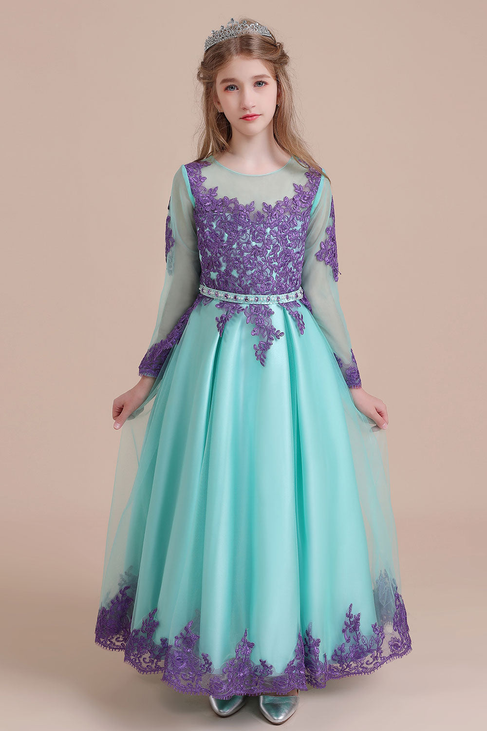 Chic Long Sleeve Jewel A-line Flower Girl Dress with Tulle Appliques