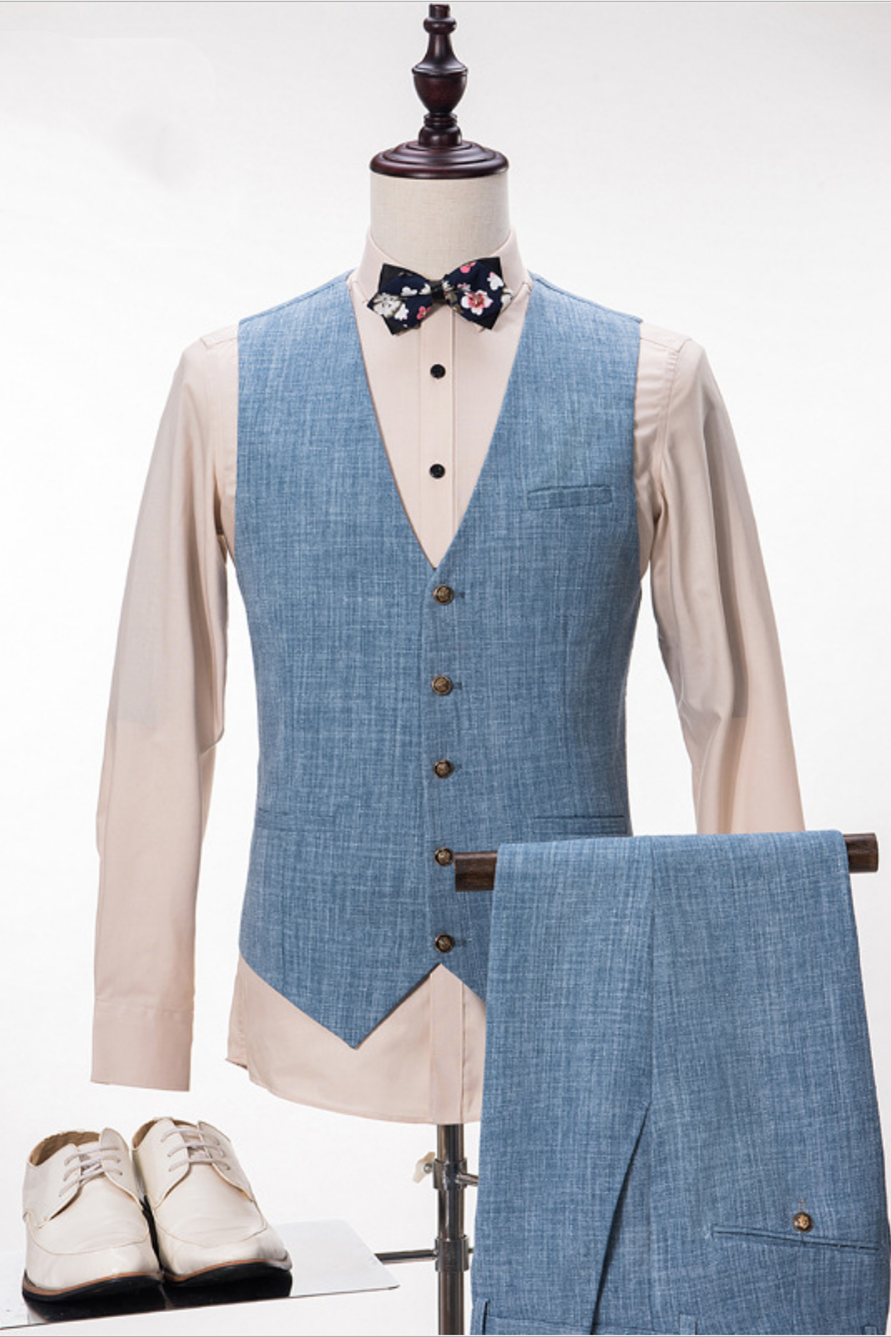 Blue Linen Suit for Weddings and Proms: Peak Lapel Groom and Groomsmen Suits