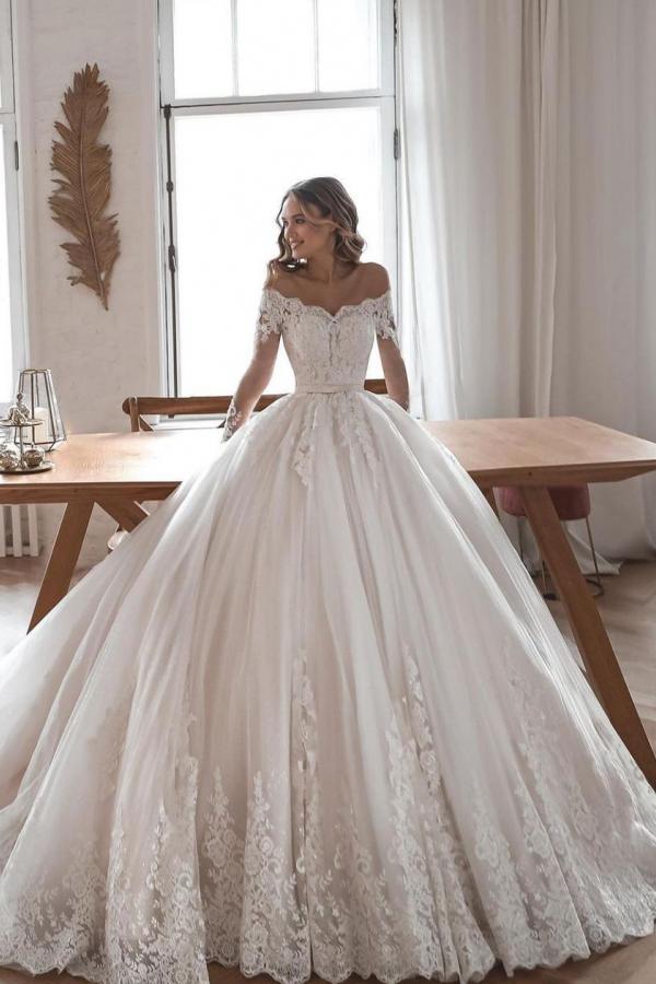 Gorgeous Lace Tulle Sleeves Long Ball Gowns Wedding Dresses