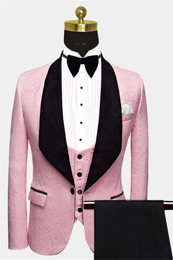 3 Piece Black Lapel Suit for Men's Wedding with Pink Jacquard