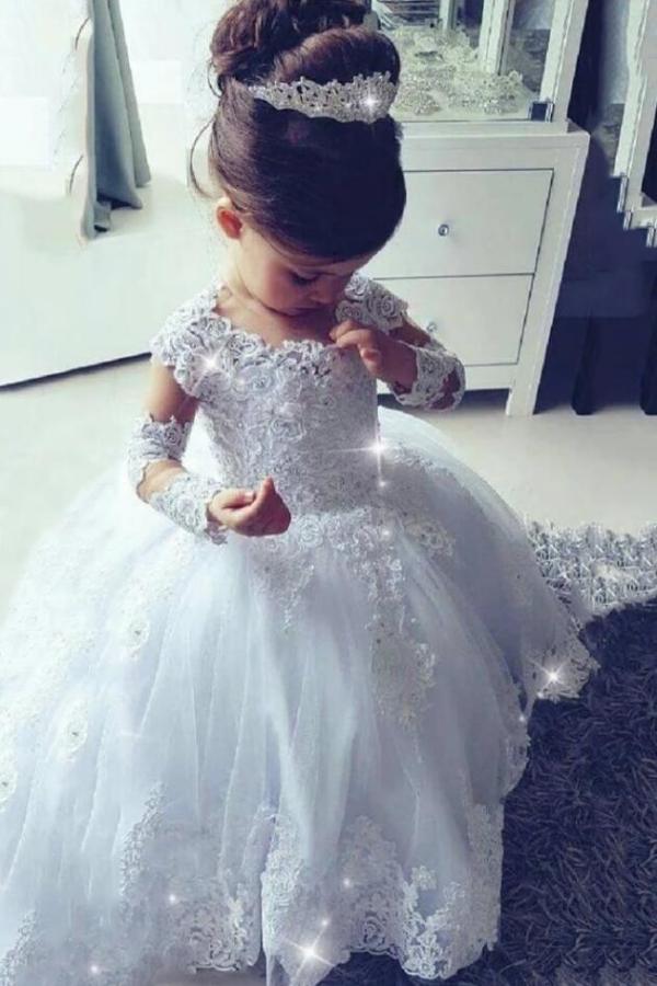 Princess Scoop Neck Long Sleeves Flower Girl Dress with Tulle Lace and Appliques