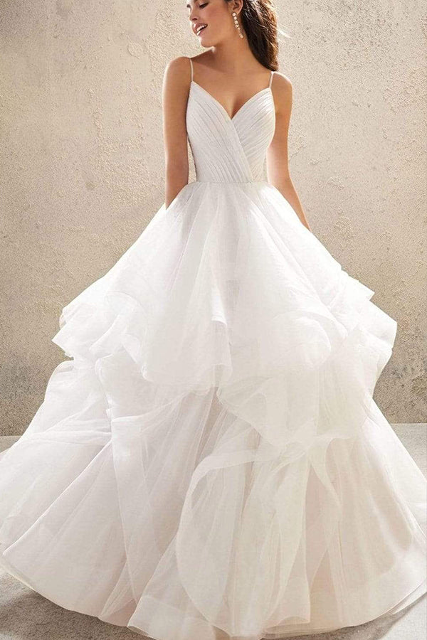 V-Neck Wedding Dress with Ruffles Tulle & Spaghetti Straps