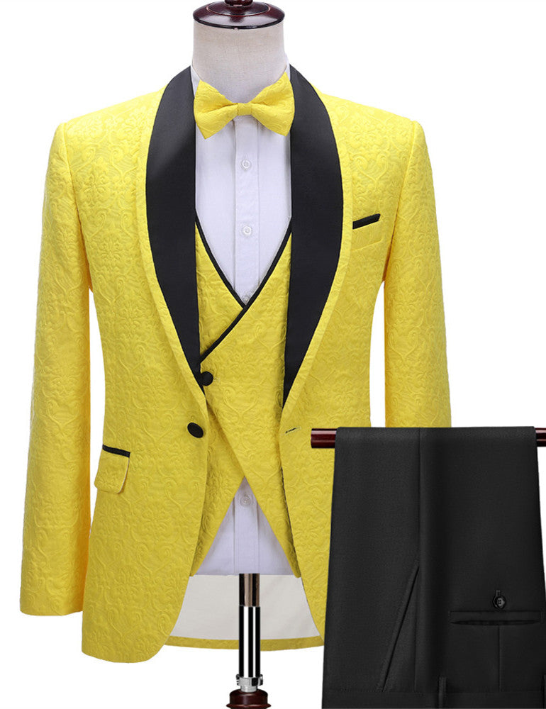 Chic Yellow One Button Three-Piece Wedding Suit For Men with Black Shawl Lapel