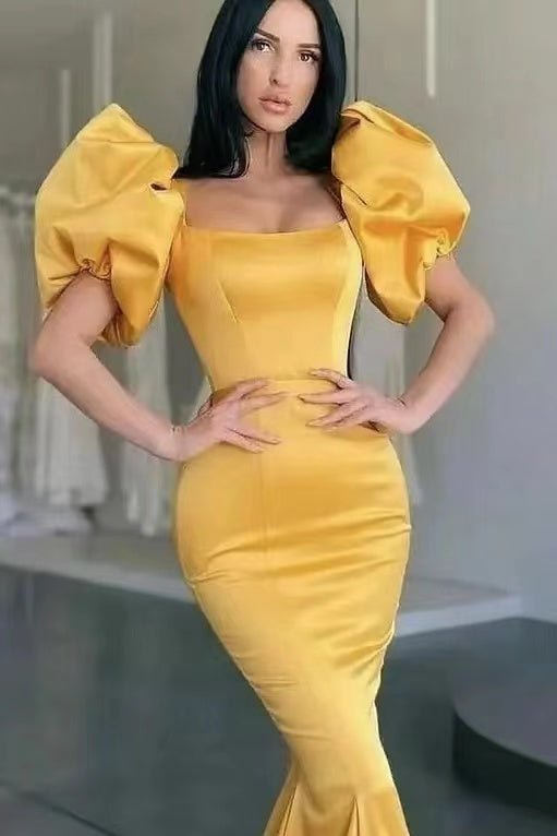 Mermaid Long Prom Dress with Yellow Square Bubble Sleeves