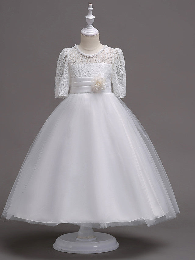 Half Sleeve Lace Jewel Neck Flower Girl Dresses with Satin Tulle Belt and Beading