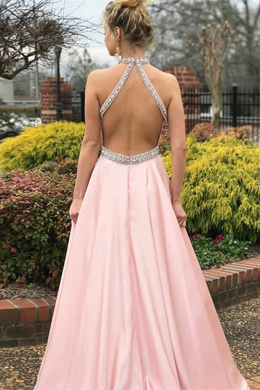 Halter Sleeveless Mermaid Prom Dress in Pink with Beads