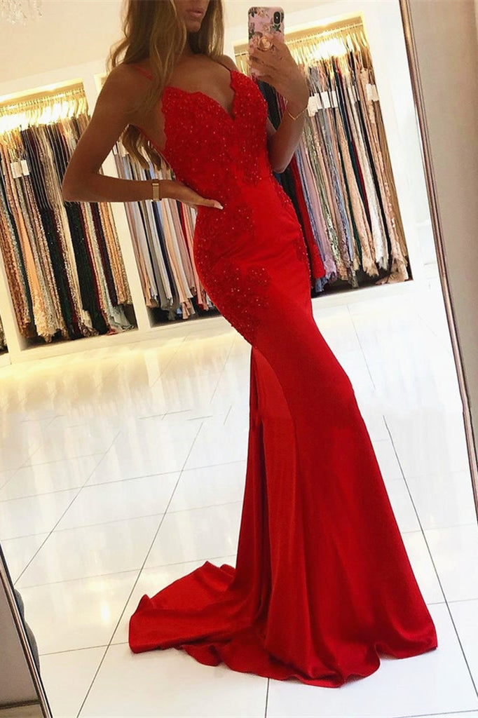 Mermaid Red Prom Dress with Appliques and Spaghetti-Straps