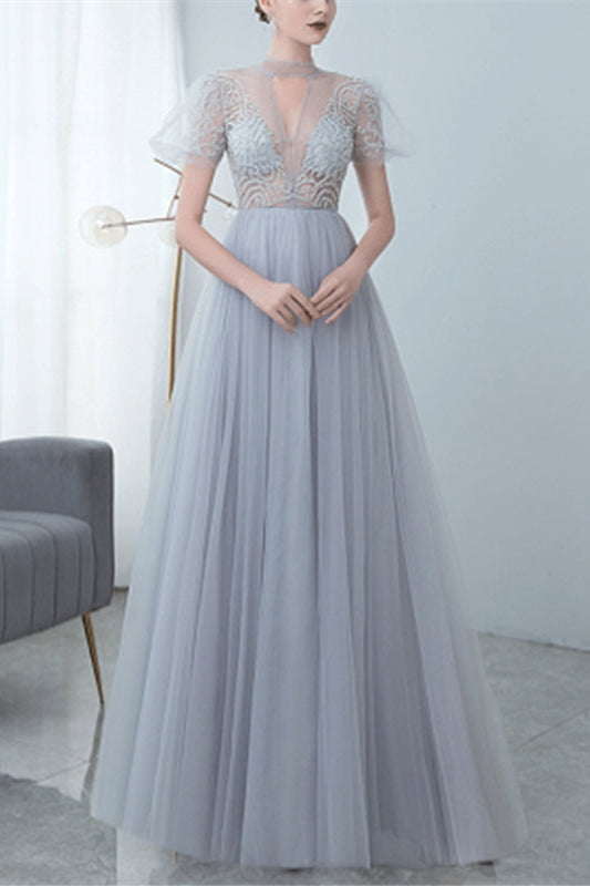 Grey Tulle Evening Dress with Bowknot and High Collar Appliques