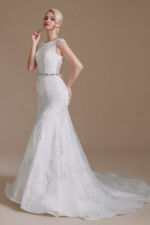 Gorgeous Jewel Mermaid Long Wedding Dress with Tulle Lace