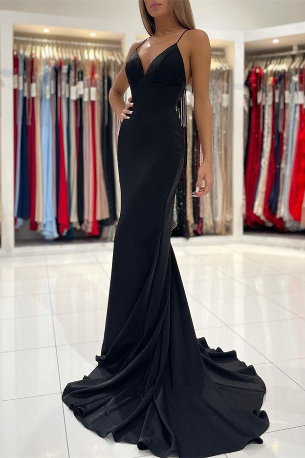 Stunning Spaghetti-Straps Black Long Mermaid Prom Dress