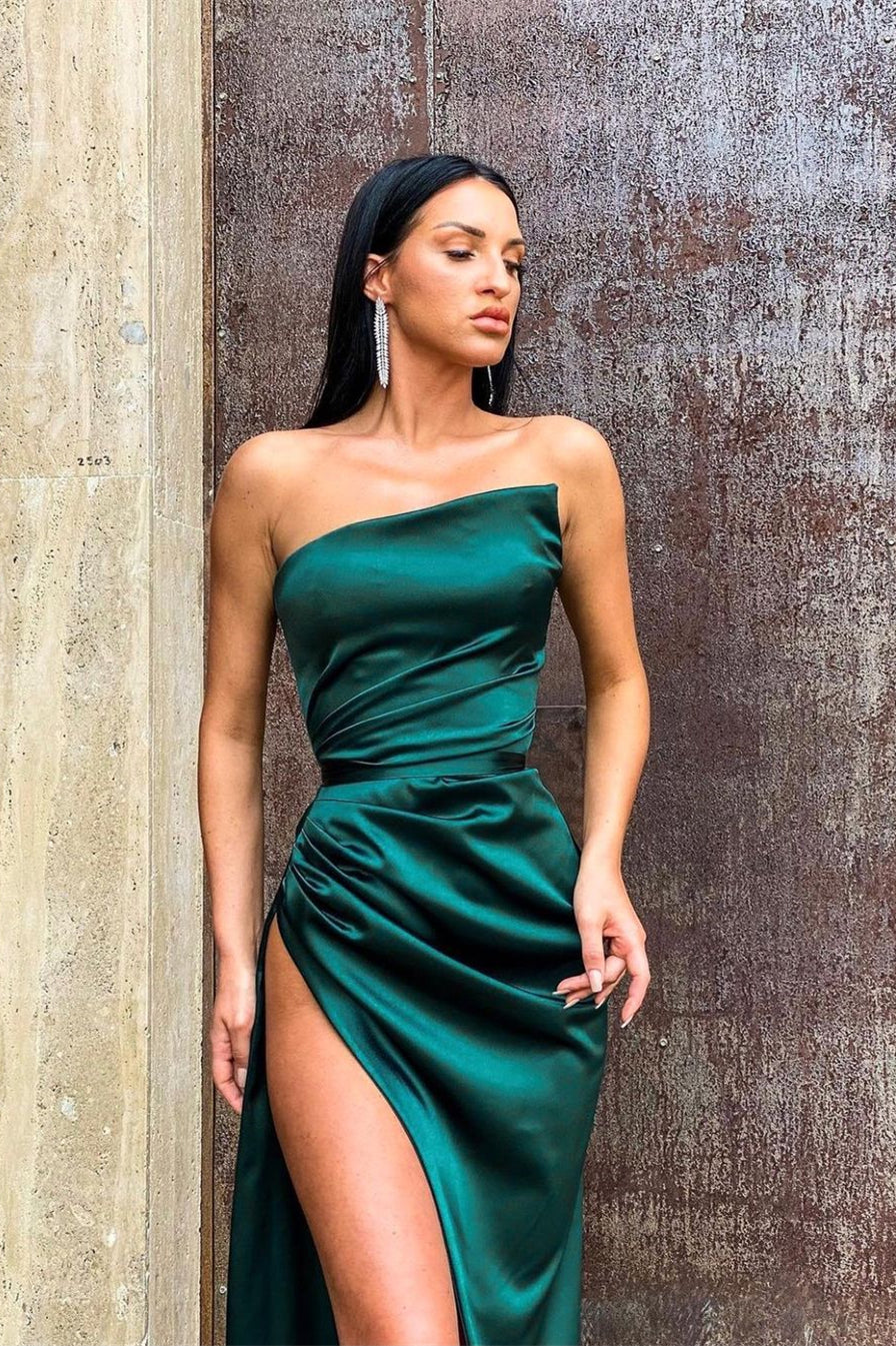 Long Dark Green Split Evening Dress