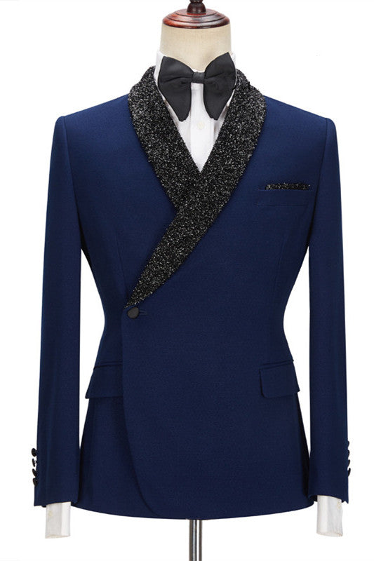 Dark Navy Business Formal Suit for Prom with Black Lapel