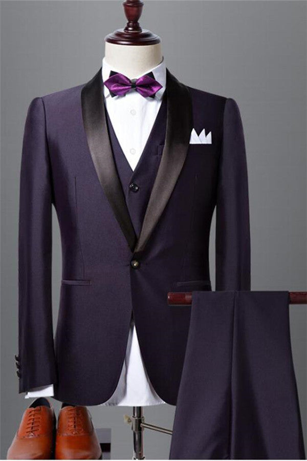 3 Piece Dark Purple Shawl Lapel Black Wedding Tuxedo