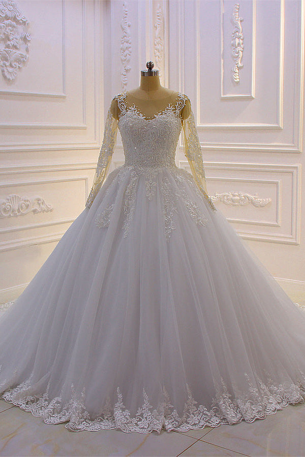 Gorgeous Bateau Long Sleeves Lace A-Line Wedding Dress with Pearl Tulle Appliques