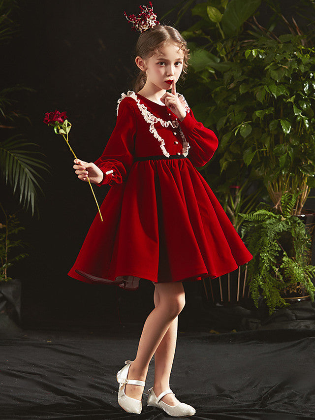 A-Line Long Sleeve Jewel Neck Flower Girl Dresses with Lace Beading and Cascading Ruffles