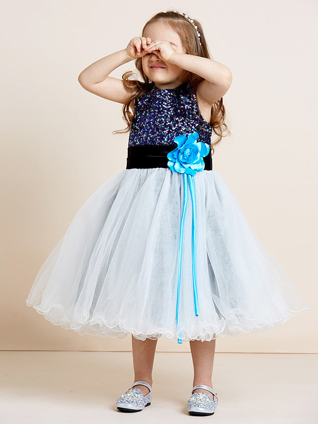 A-Line Tea Length Tulle & Sequined Sleeveless Jewel Neck Dress with Sash Ribbon Sequin Draping and Mini Me