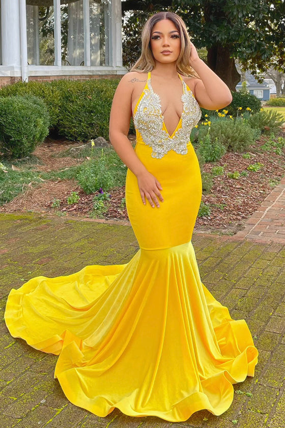 Halter V-Neck Mermaid Prom Dress with Yellow Applique