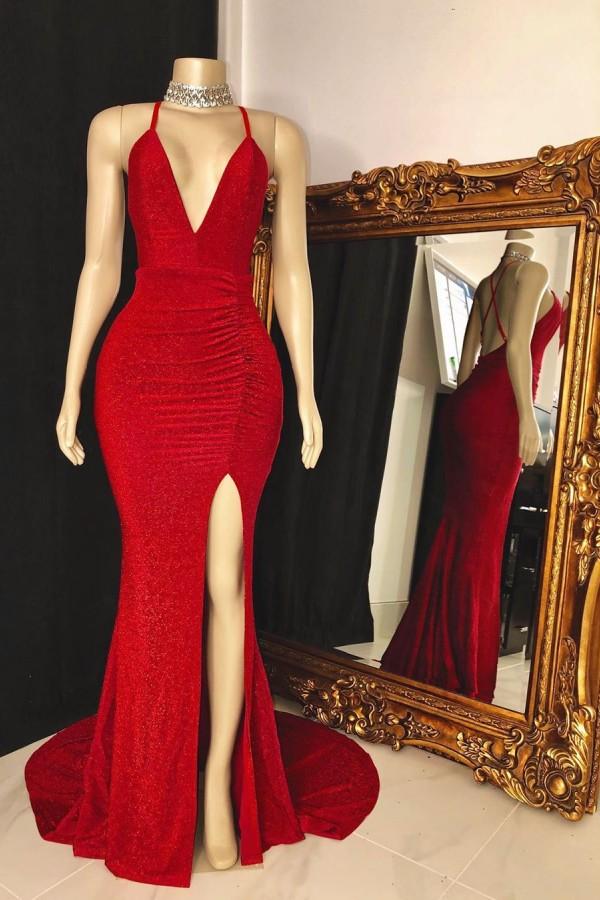 Sleeveless Red Halter Prom Dress with a Split