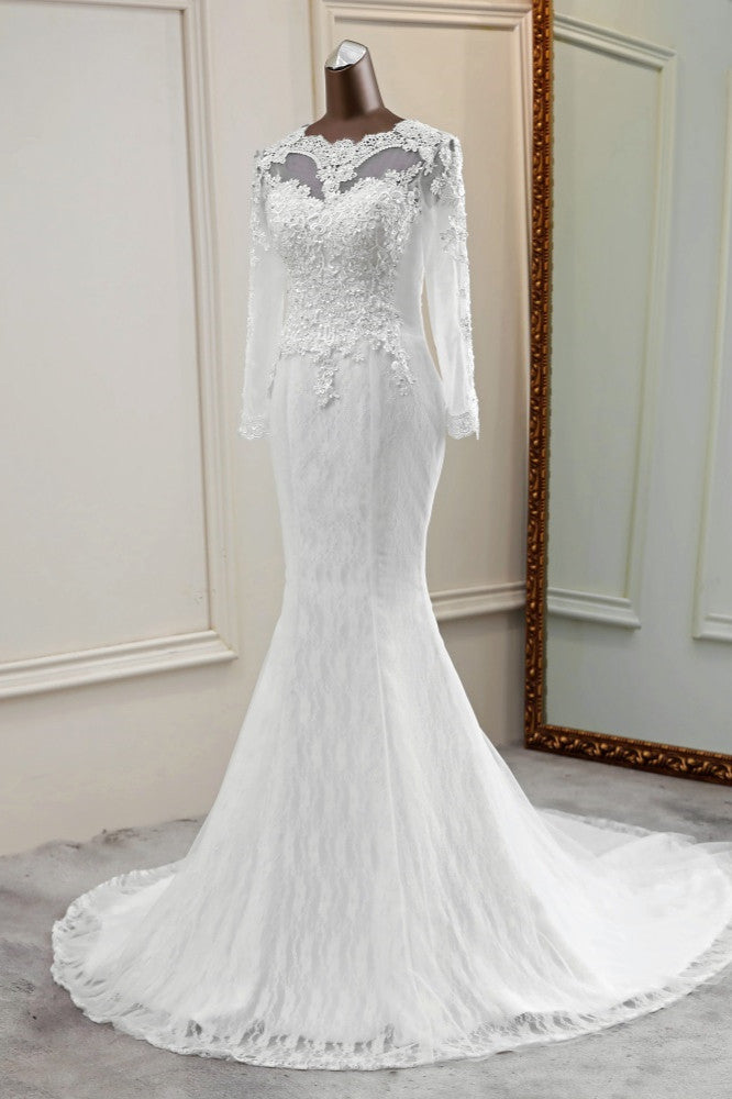 Elegant Long Sleeves Mermaid Wedding Dress with Jewel Accents and Tulle