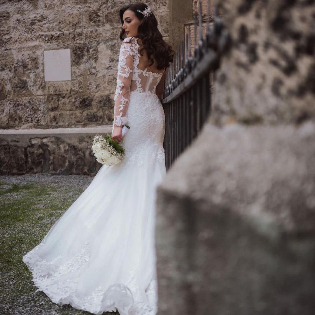 Elegant Lace Mermaid Wedding Dress With Open Back & Sleeves