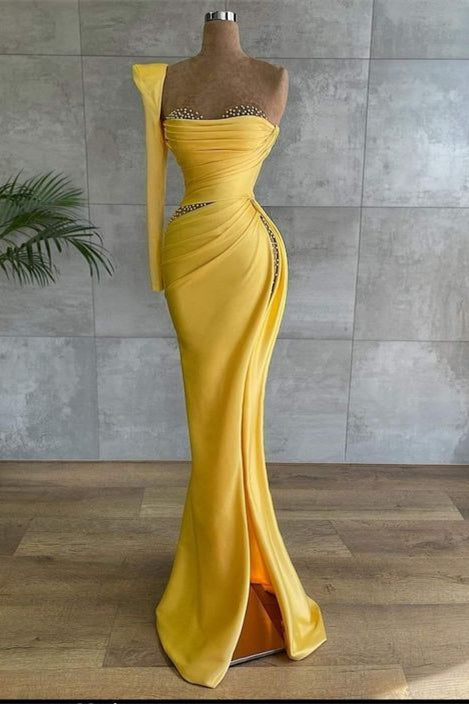 Glamorous Yellow Asymmetrical Prom Dress with Beading