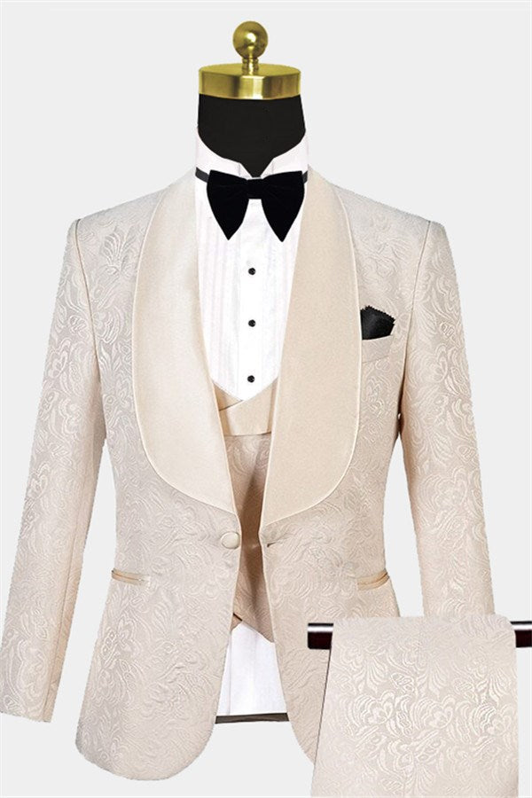 Chic White Three Pieces Jacquare Shawl Lapel Wedding Suit